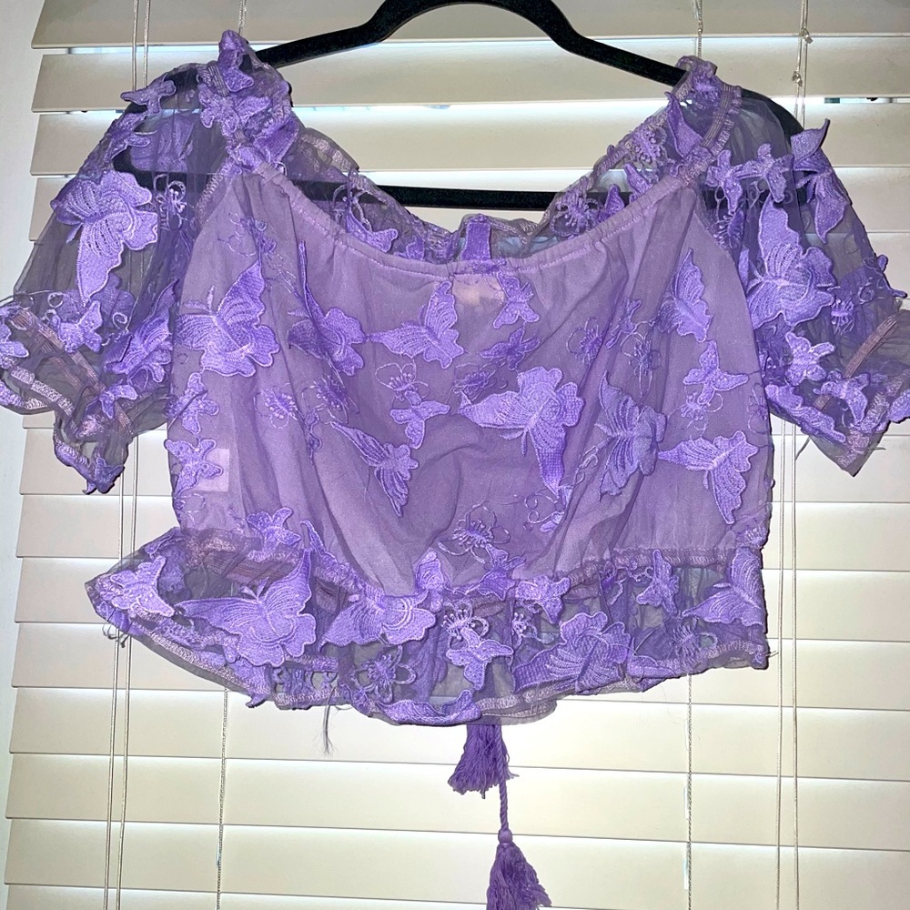 Off the shoulder butterfly lavender blouse